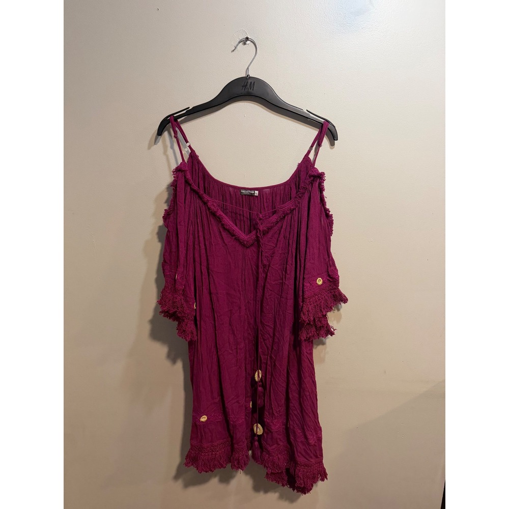 Earthbound Trading Co Magenta Boho Cold Shoulder Fringe Mirror Tunic Top Large